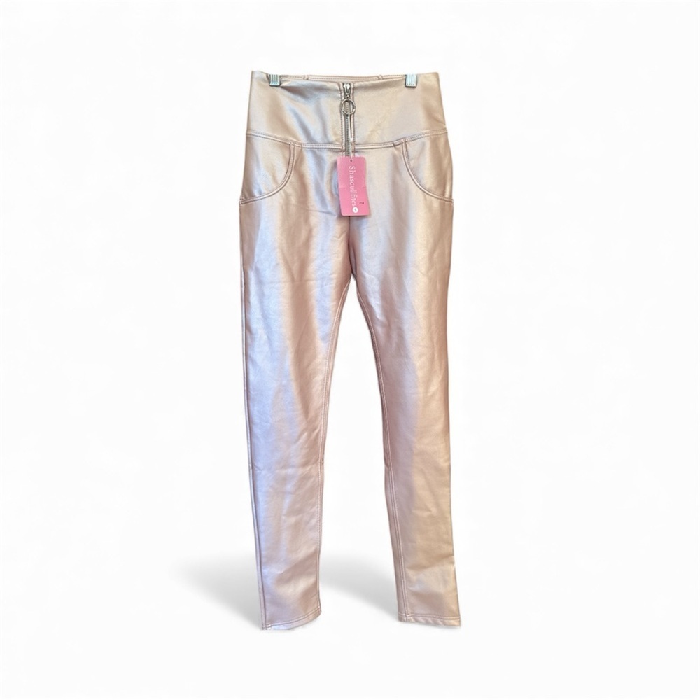 Metallic Faux leather High-Waisted Soft  Pink Women Leggings